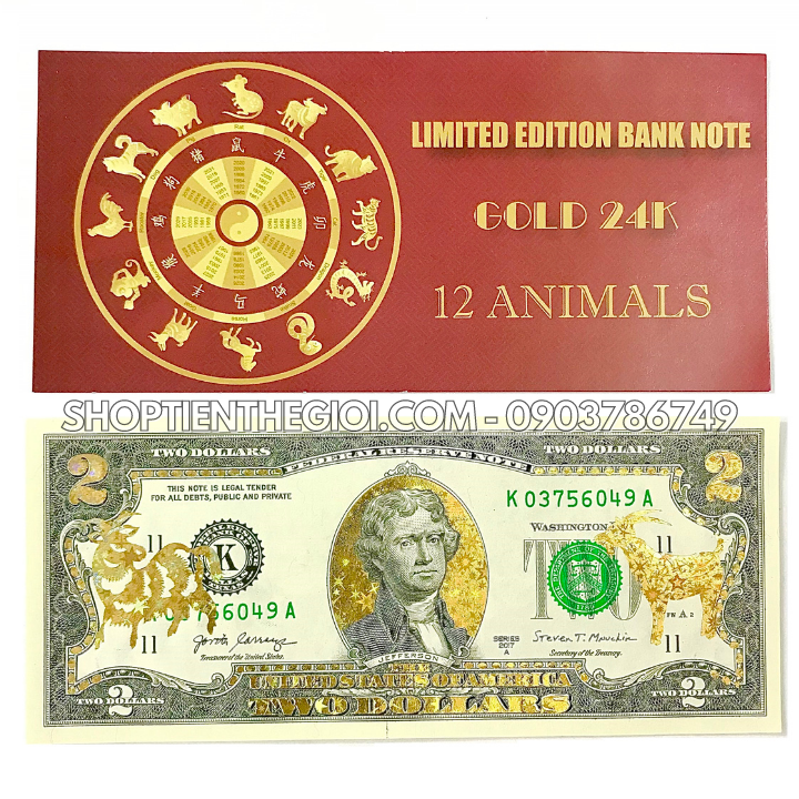 Tiền 2 USD In Hình Con Dê 3D nhũ vàng